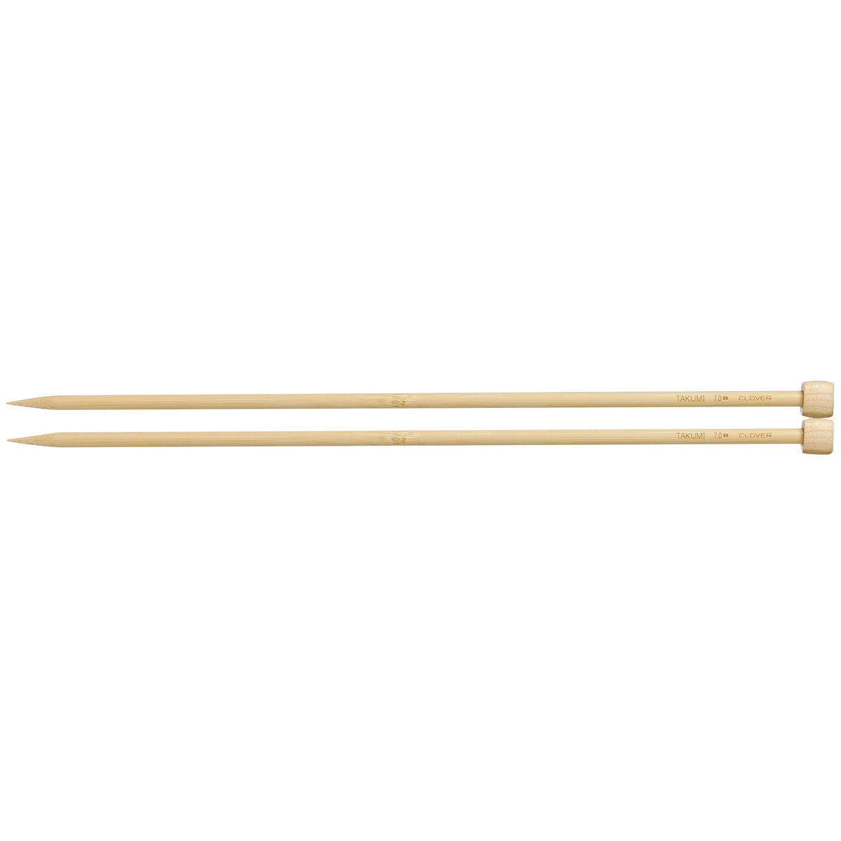 Pair of Clover Takumi bamboo knitting needles, 35cm x 7mm, in green packaging
