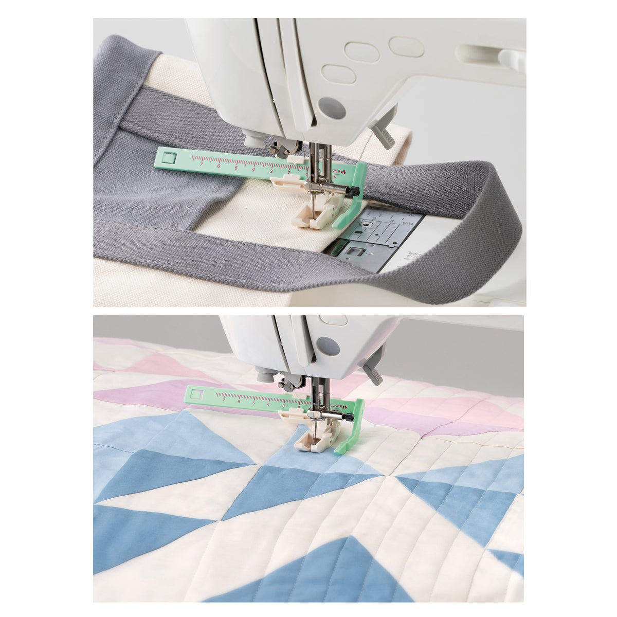 Clover sliding stitch guide presser foot with alignment ruler
