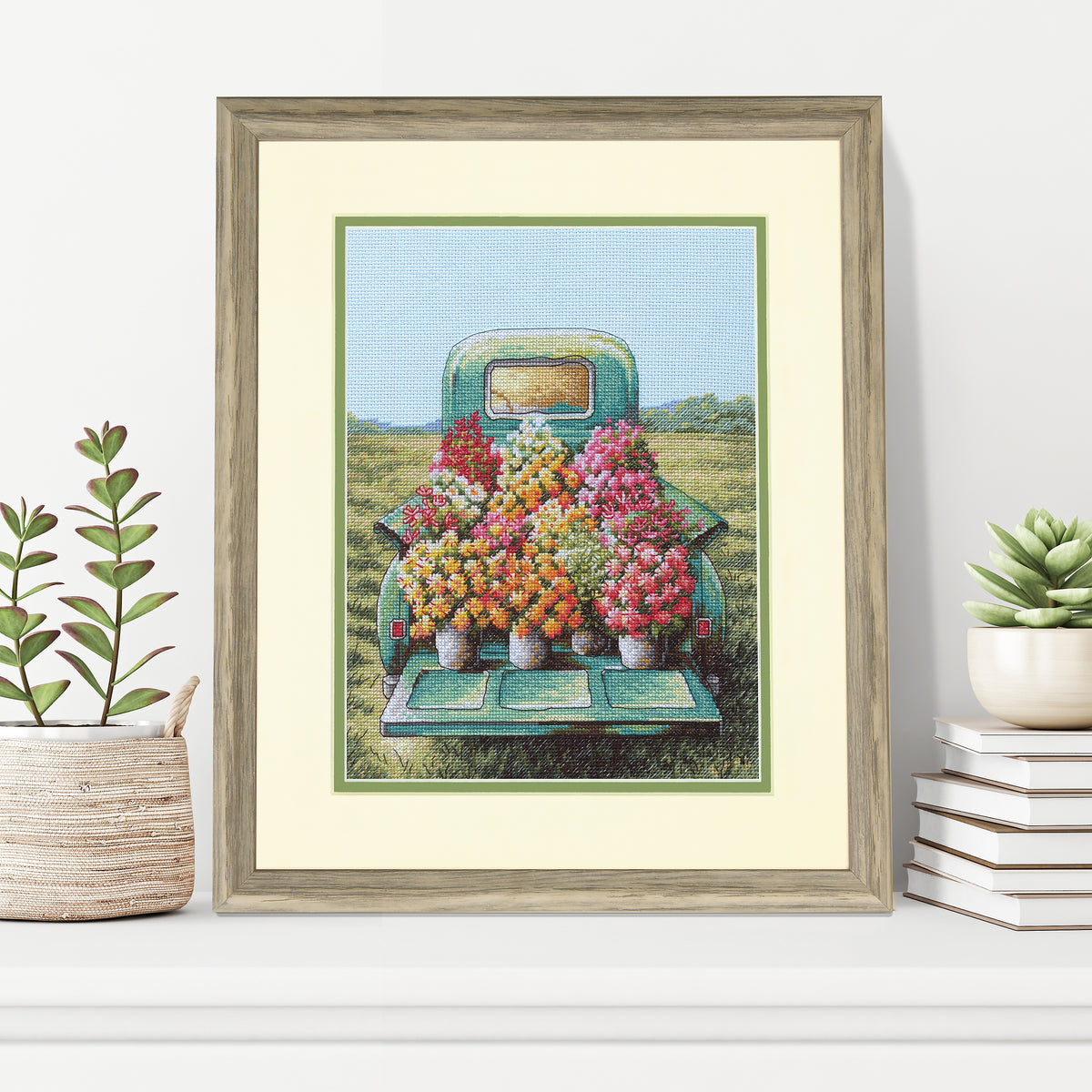 Flowers for Sale cross stitch kit showing a floral stitched design