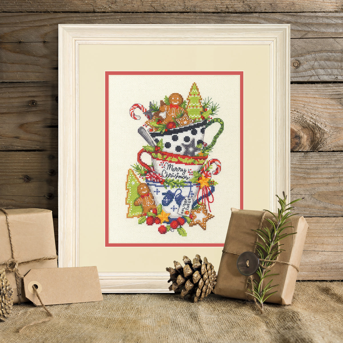 Christmas Tea cross stitch kit showing festive stitched design