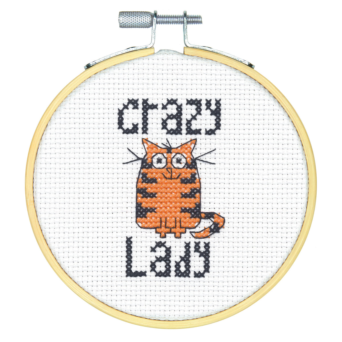 Crazy Cat Lady cross stitch design in a round hoop