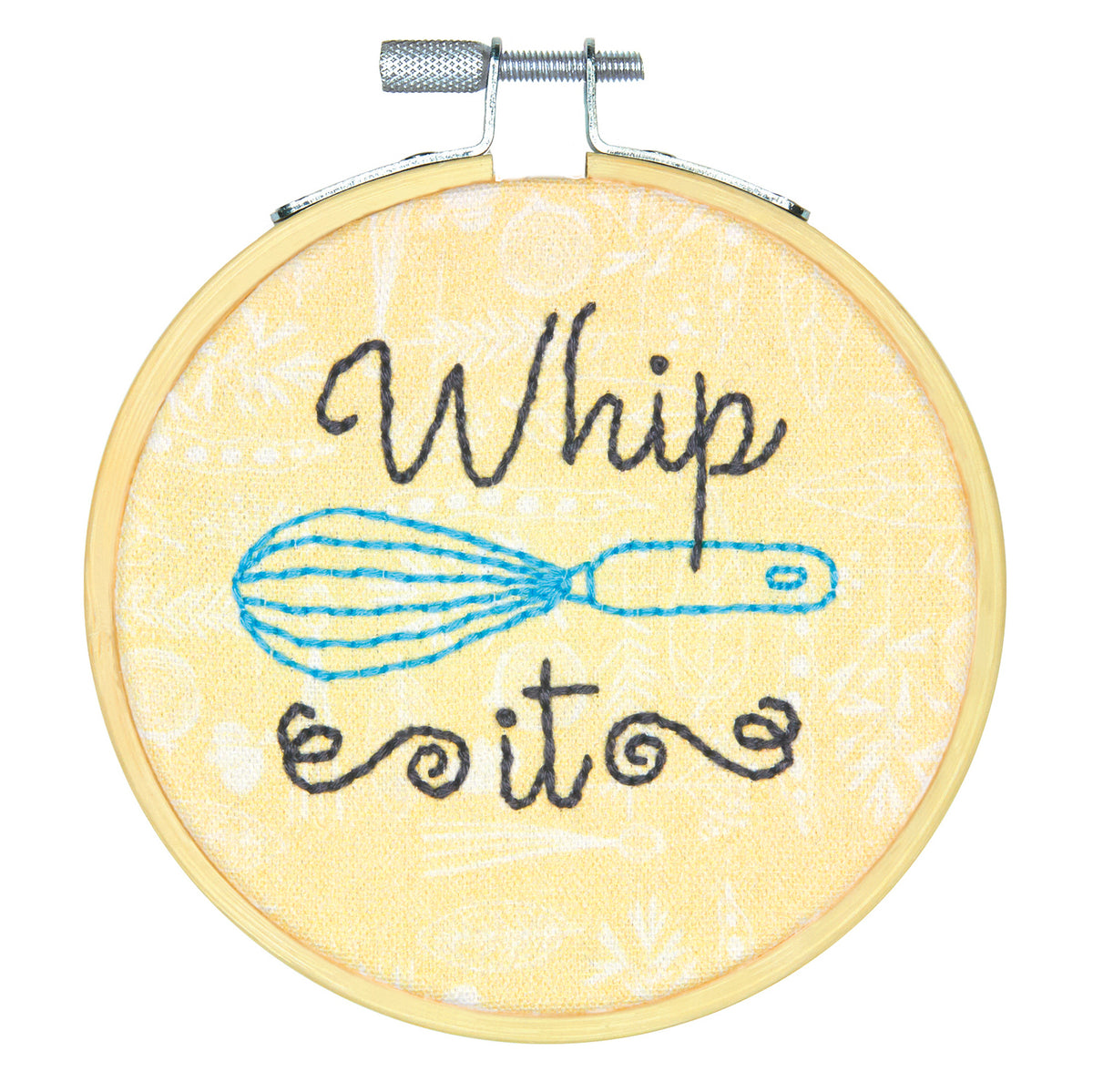 Whip It embroidery design in a round hoop