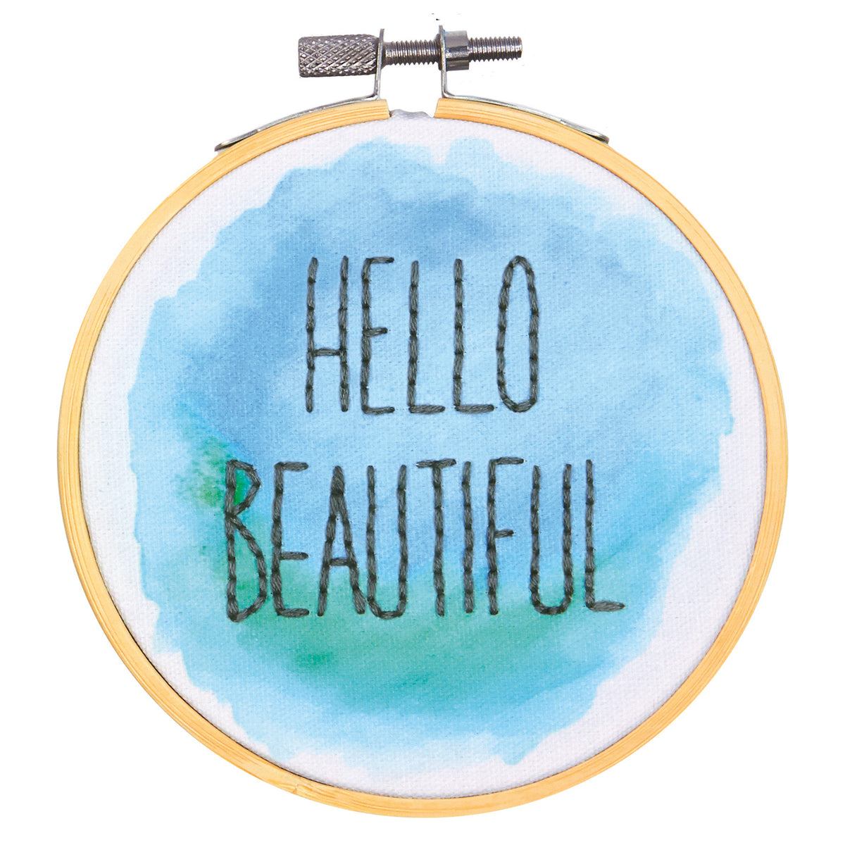 Hello Beautiful slogan embroidery in a round hoop