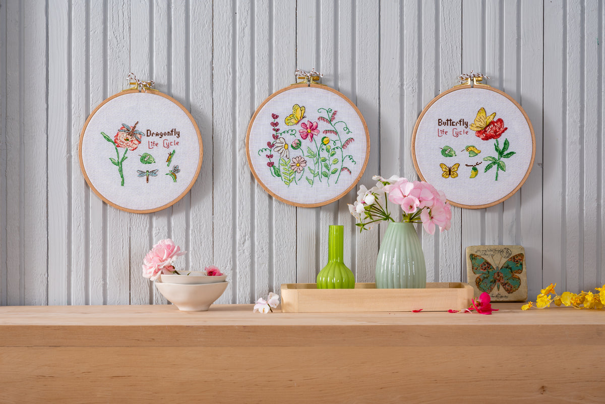 Anchor Butterfly Life cross stitch design in an embroidery hoop