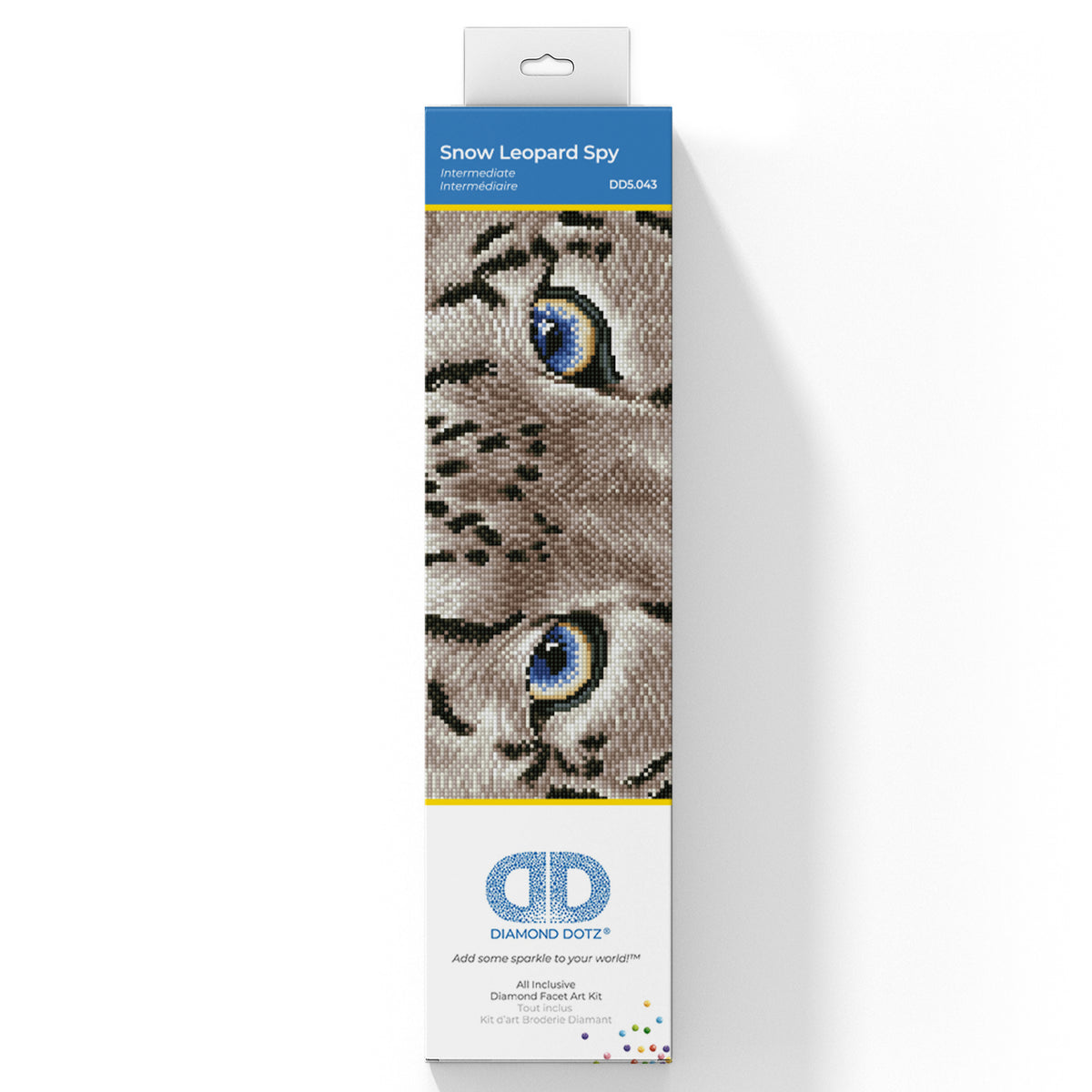 Diamond Dotz Snow Leopard Spy diamond painting kit showing a snow leopard