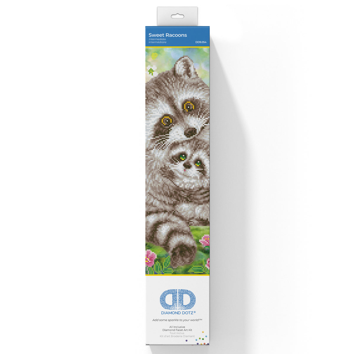Diamond Dotz Sweet Racoons diamond painting kit showing the finished design