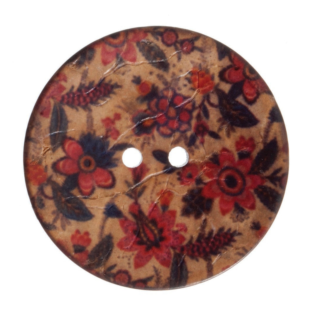 Multi-coloured floral patterned coconut shell button, 40mm