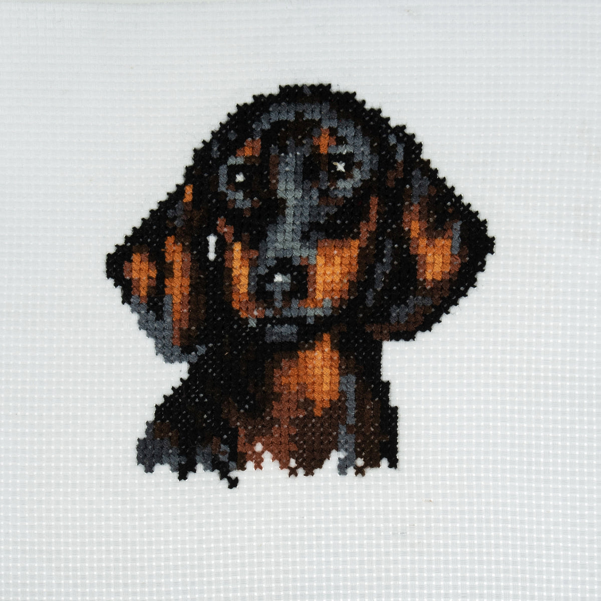 Trimits mini cross stitch kit showing a dachshund