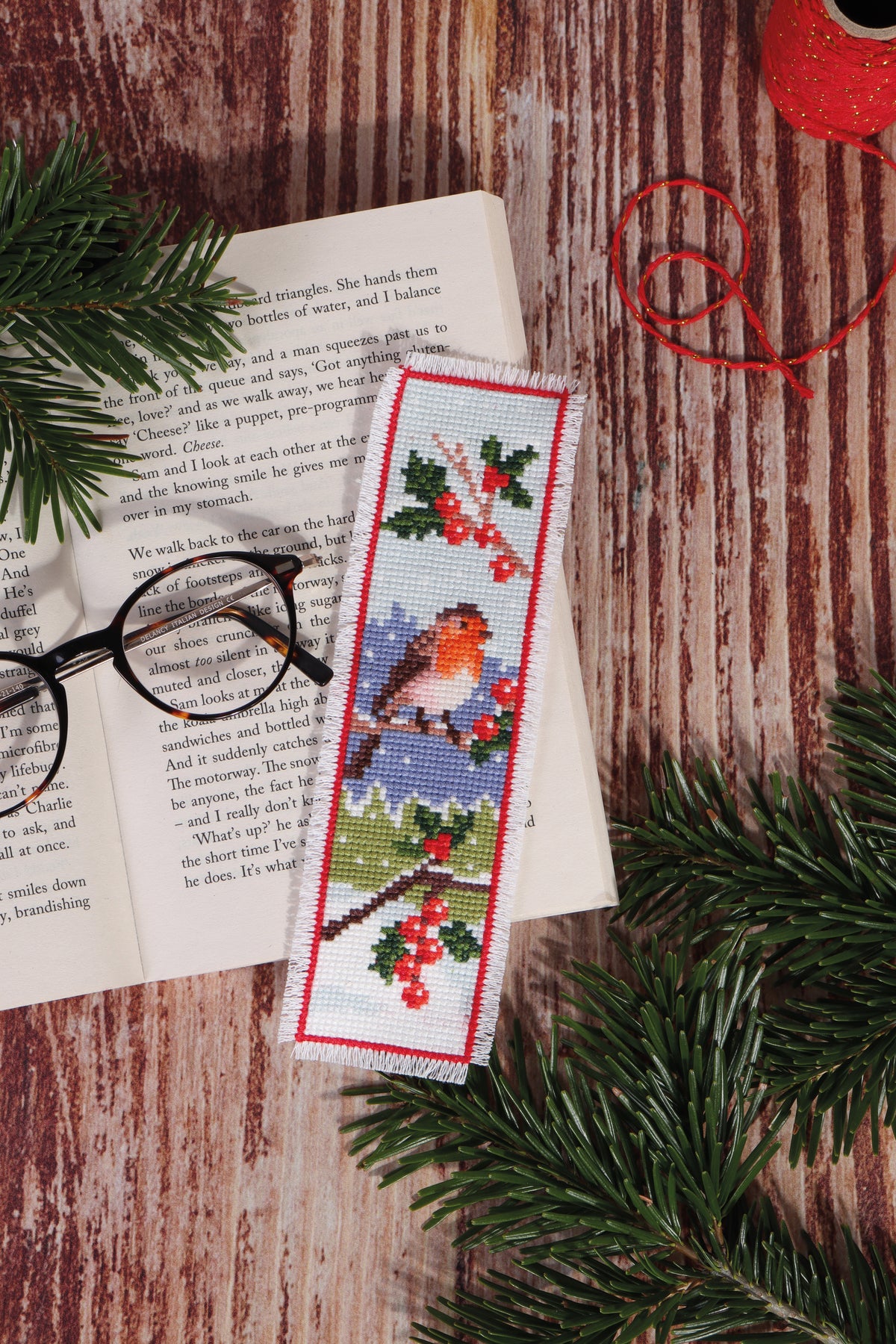 Trimits cross stitch bookmark kit showing a robin