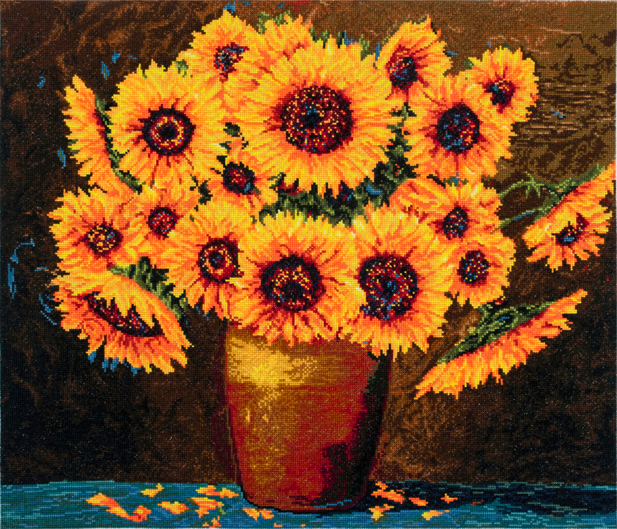 Trimits Sunflower Bloom cross stitch kit packaging showing the finished design