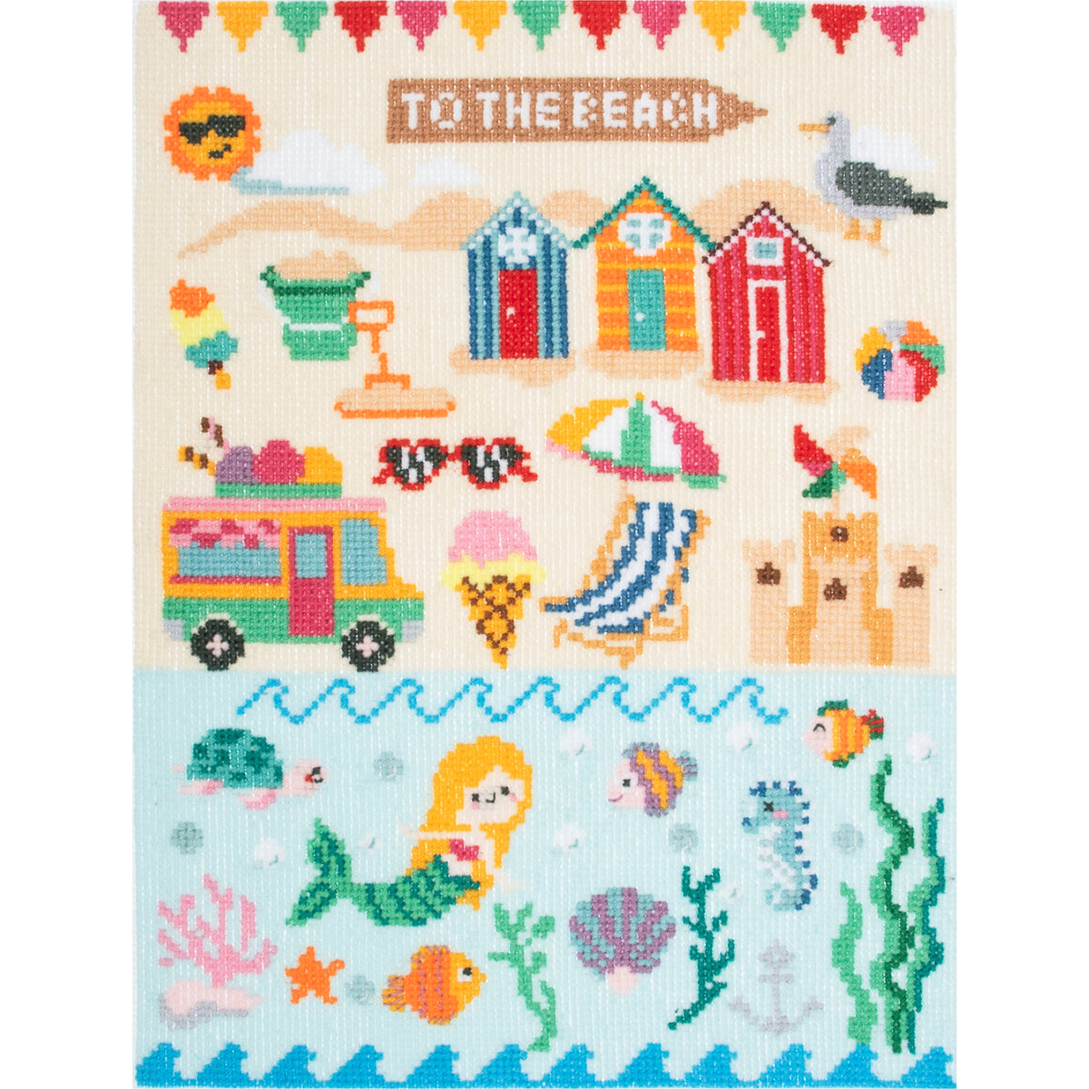 Trimits Seaside cross stitch kit packaging showing the finished design