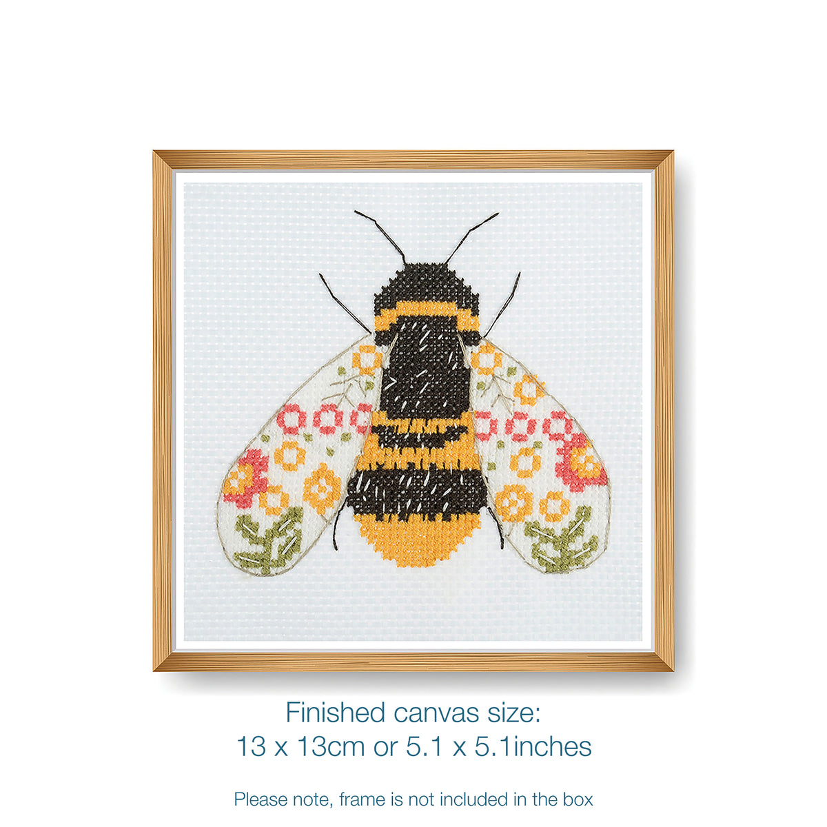 Trimits mini cross stitch kit showing a striped bumble bee