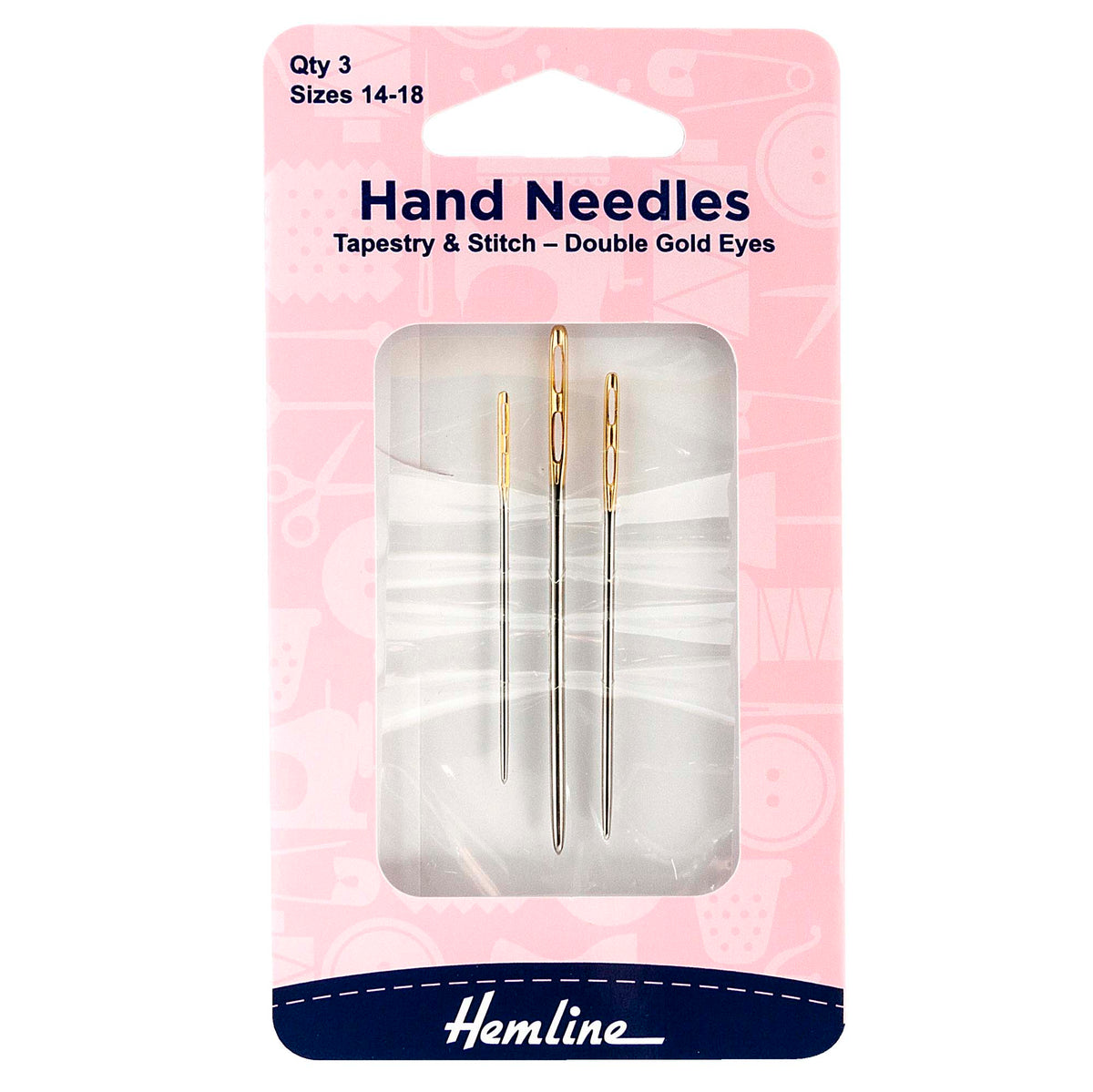 Pack of three gold eye tapestry needles on a Hemline card
