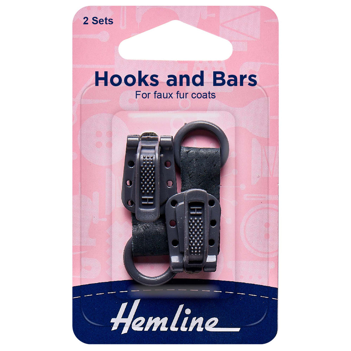 Two dark grey Hemline faux fur coat hook and bar sets on card