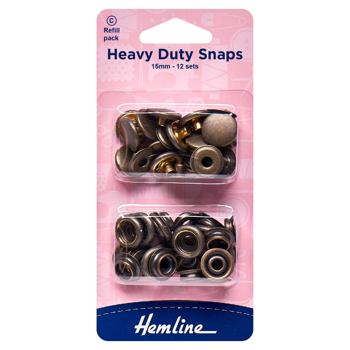 Hemline antique brass heavy duty snap fasteners on a card