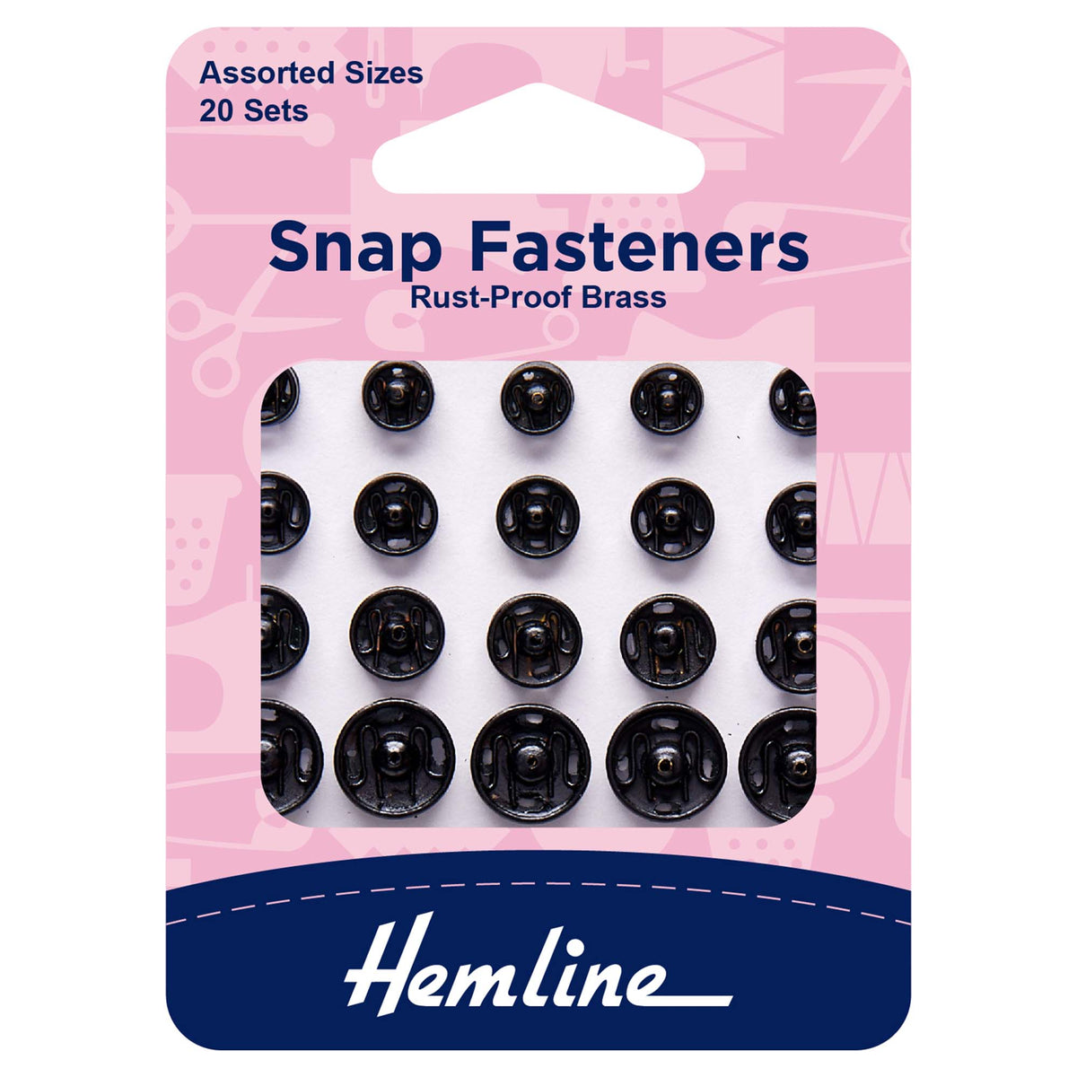 Assorted black sew-on snap fasteners in Hemline packaging