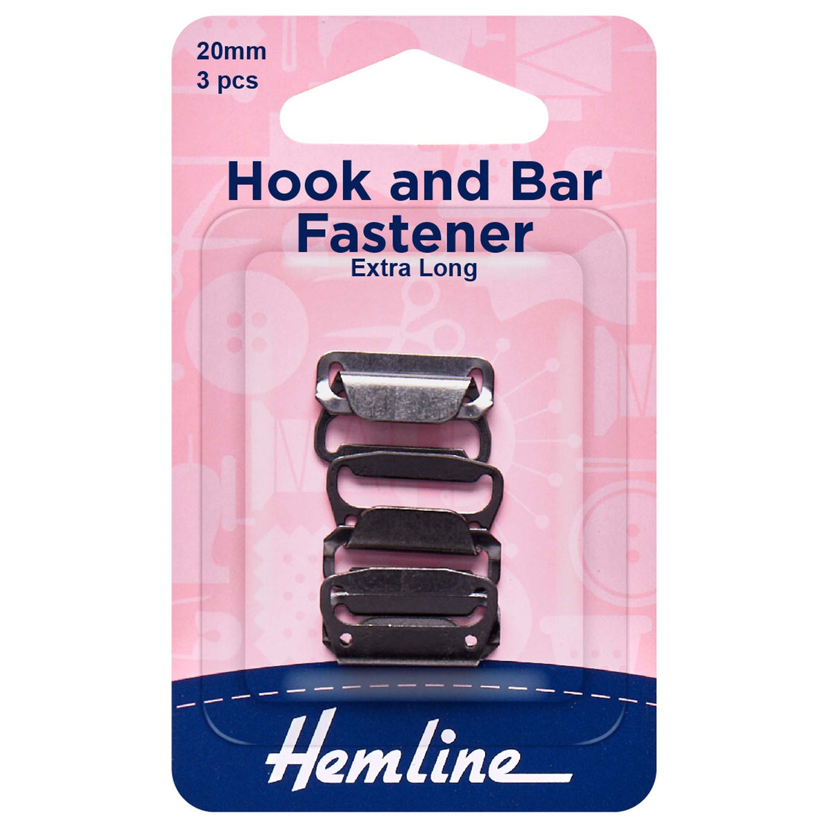 Three black Hemline 20mm hook and bar fasteners on card