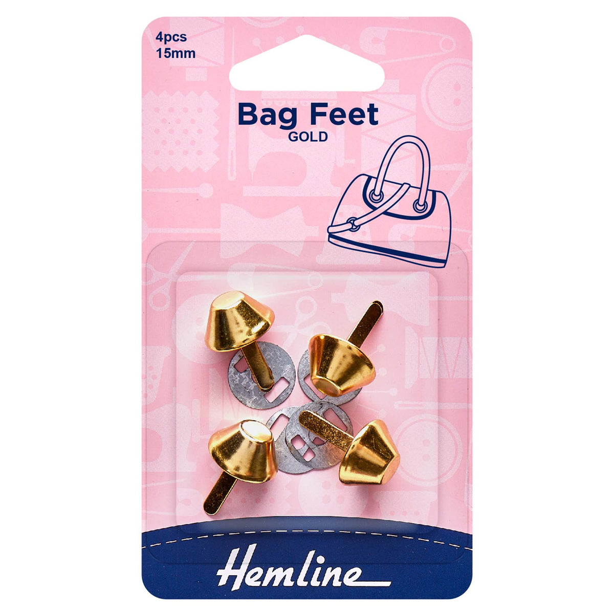 Four gold 15mm bag feet with washers