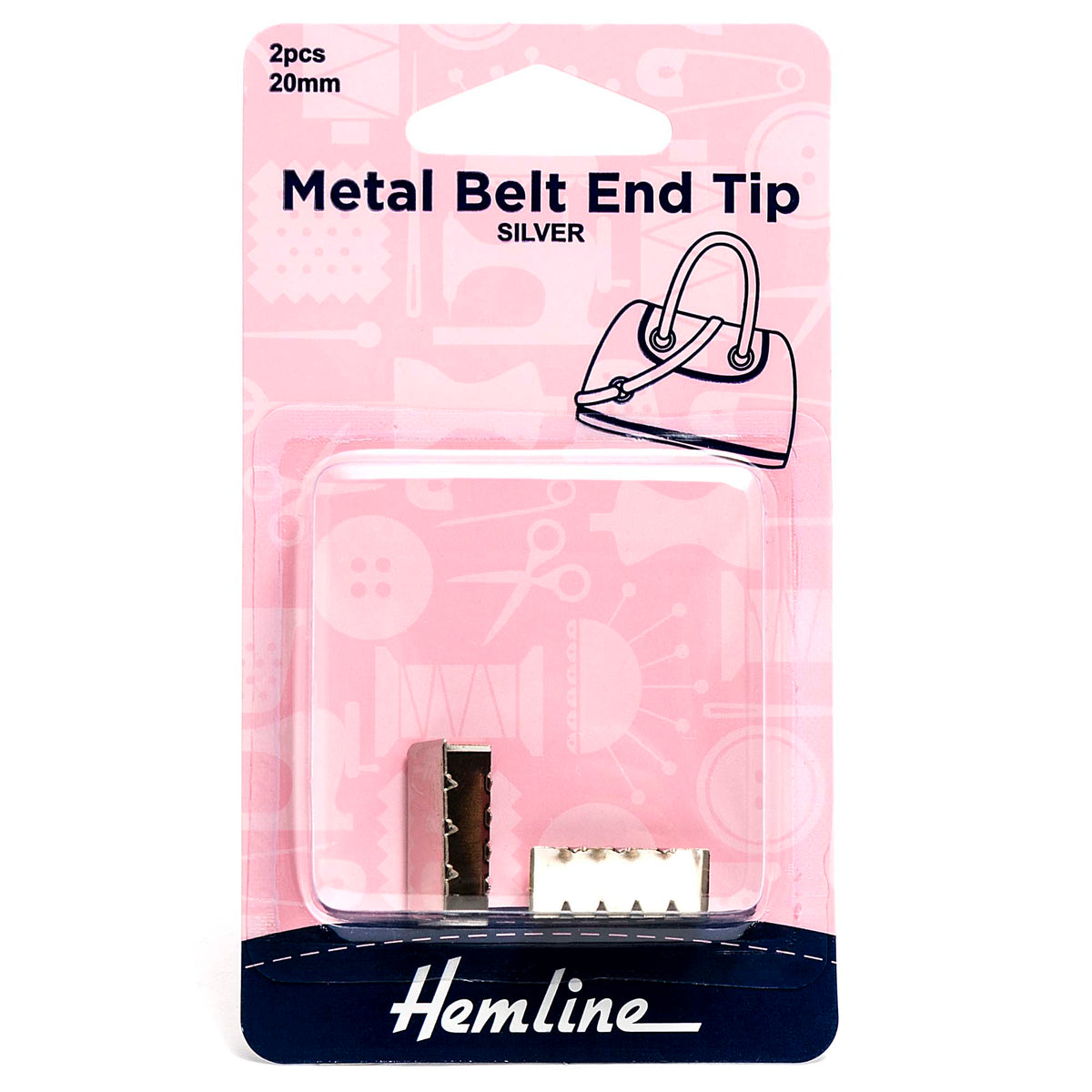 Two silver metal belt-end tips on a Hemline card