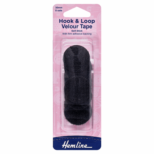 Hemline Stick-On On Black Hook and Loop Dots - 30mm (8 Sets)