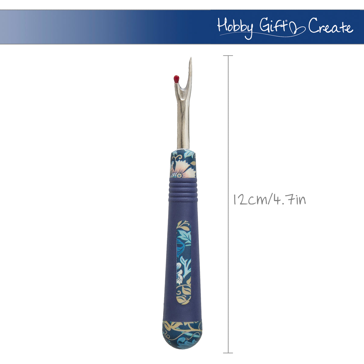 Printed seam ripper with dark blue soft grip