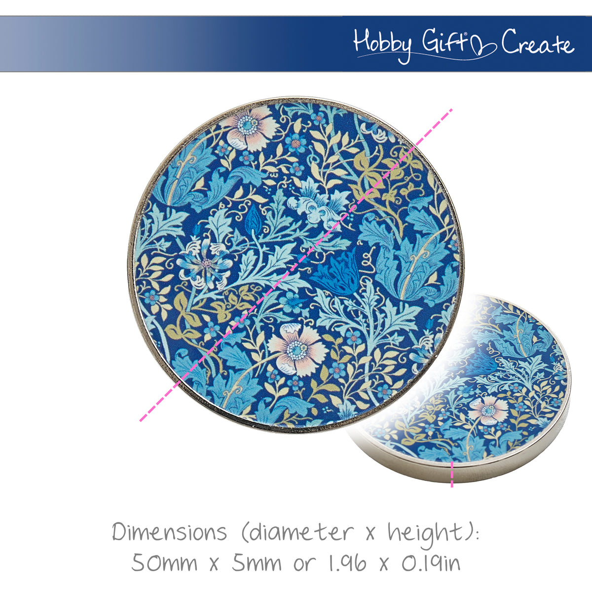 Two round metal pattern weights with woodblock print