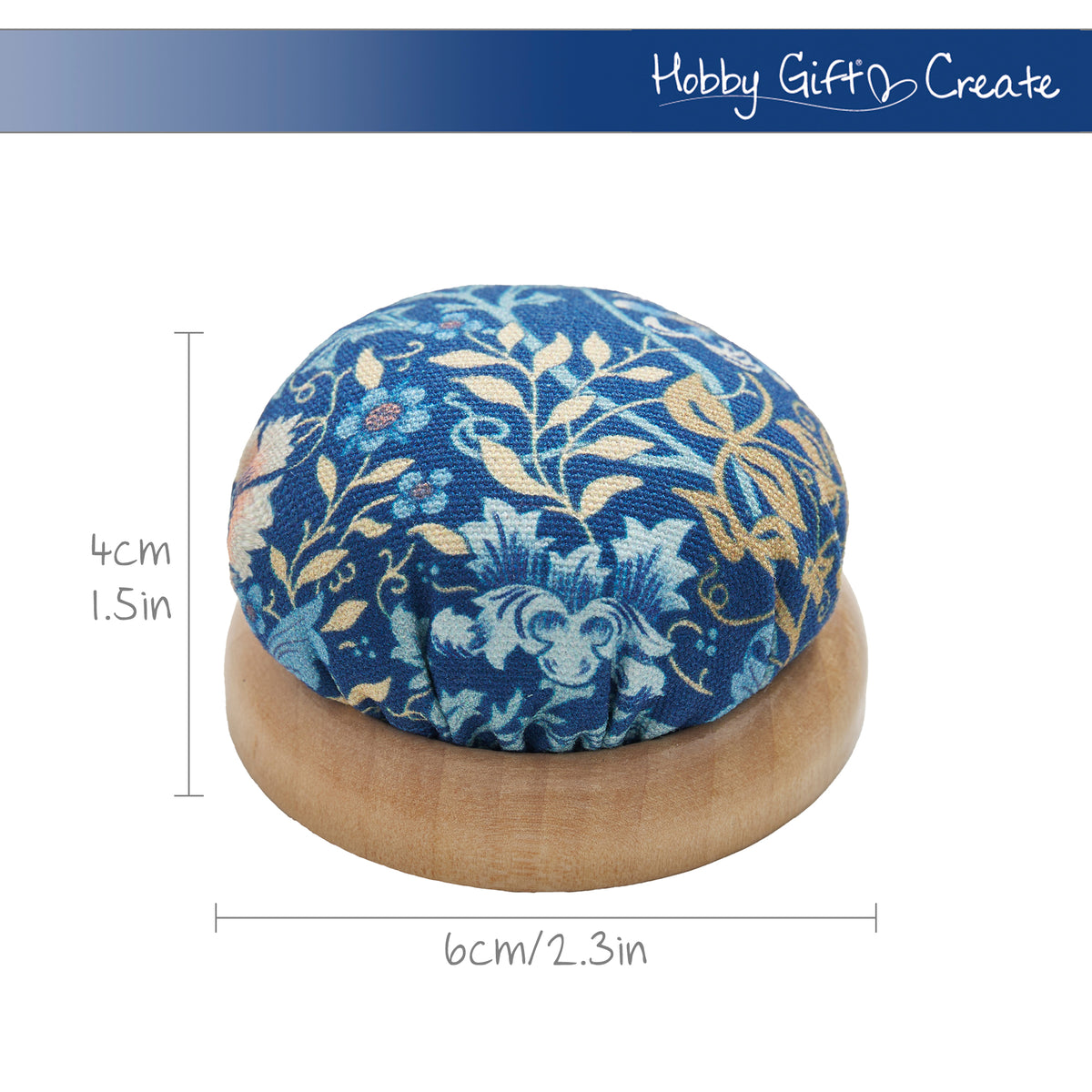 Round fabric pin cushion on a wooden base