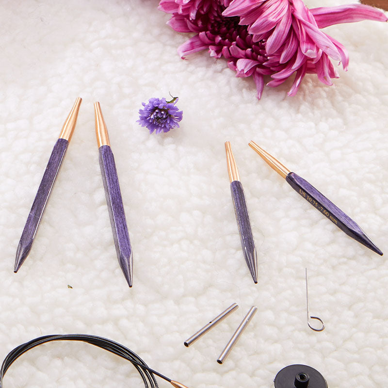 KnitPro J'Adore Cubics purple square wooden interchangeable needle tips, 5.50mm