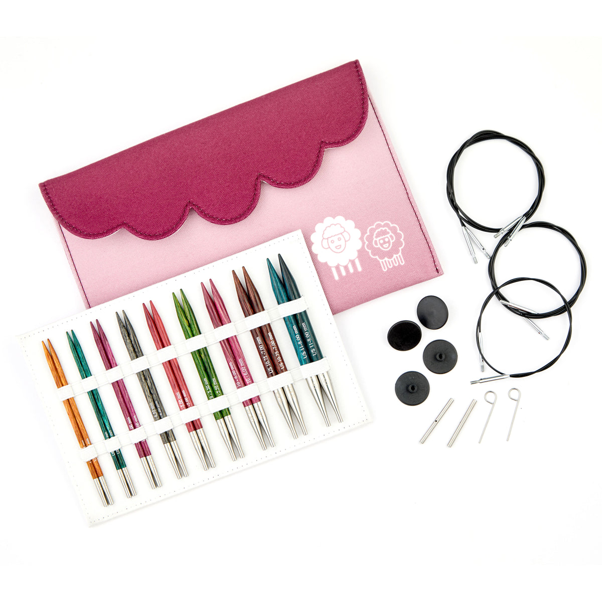 KnitPro Dreamz interchangeable circular needle deluxe set with wooden tips and cables in a fabric case