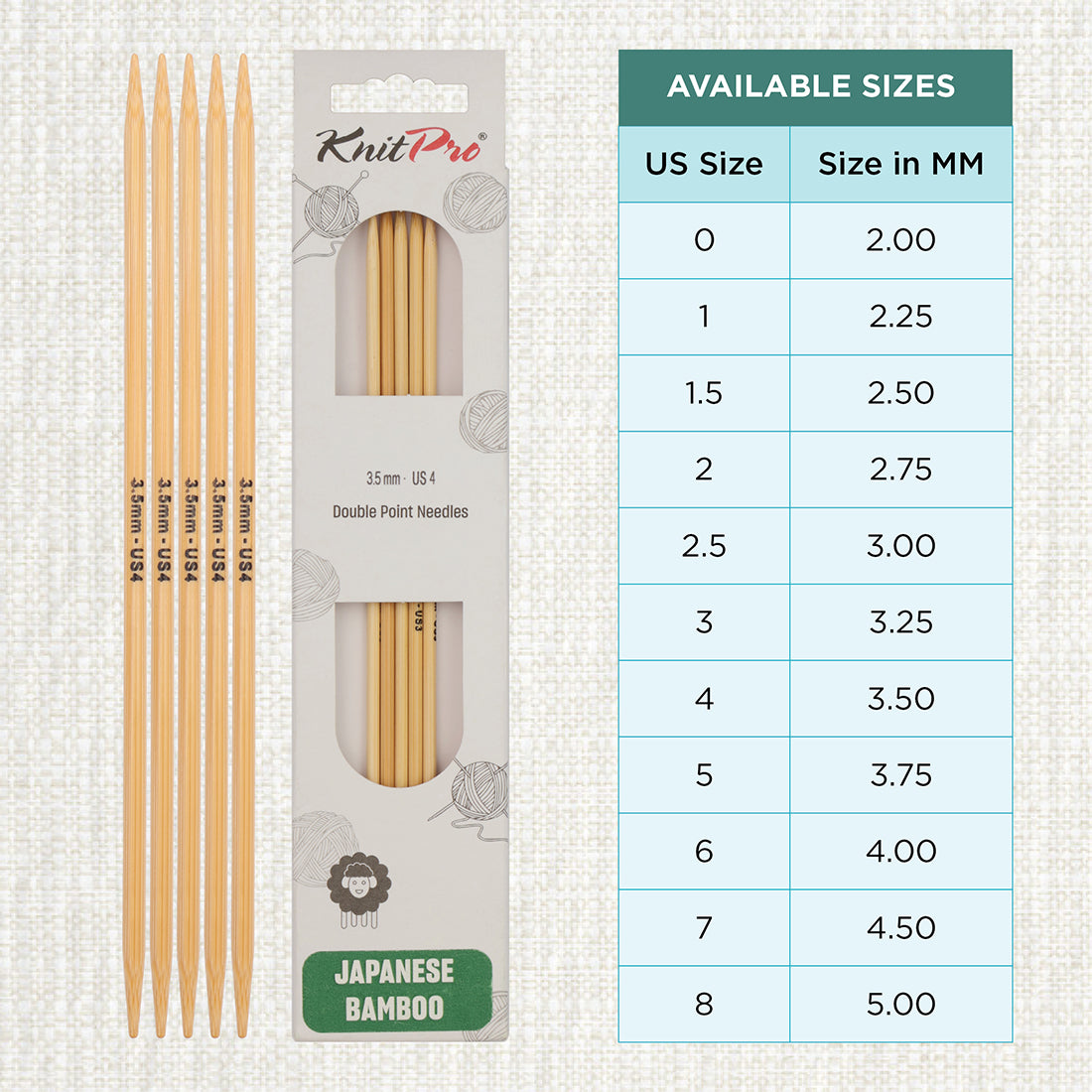 Set of 5 KnitPro bamboo double-pointed knitting needles, 3.50mm, 15cm