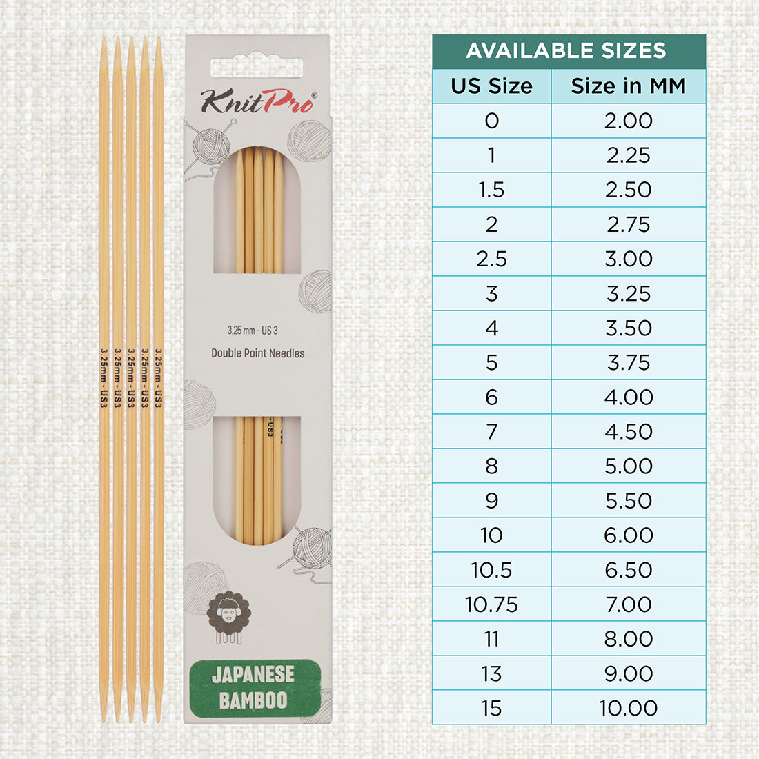 Set of 5 KnitPro bamboo double-pointed knitting needles, 3.25mm, 20cm
