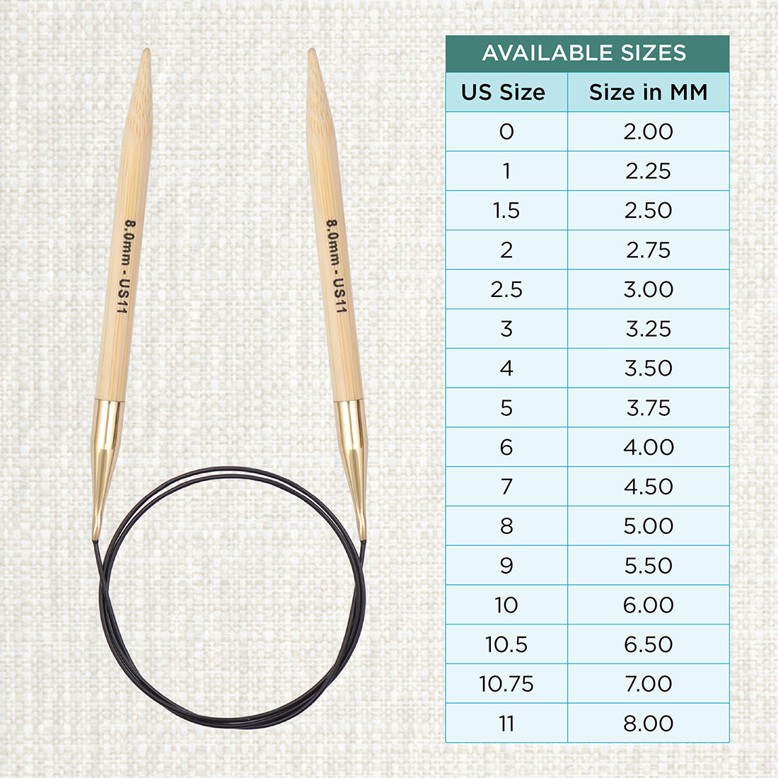 KnitPro bamboo fixed circular knitting needle with black nylon cable, 40cm, 8mm