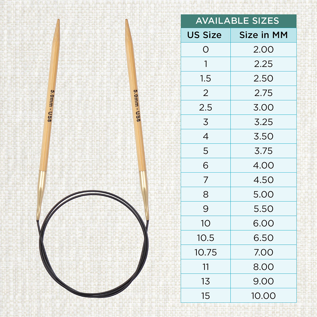 KnitPro bamboo fixed circular knitting needle with black nylon cable, 60cm, 5mm