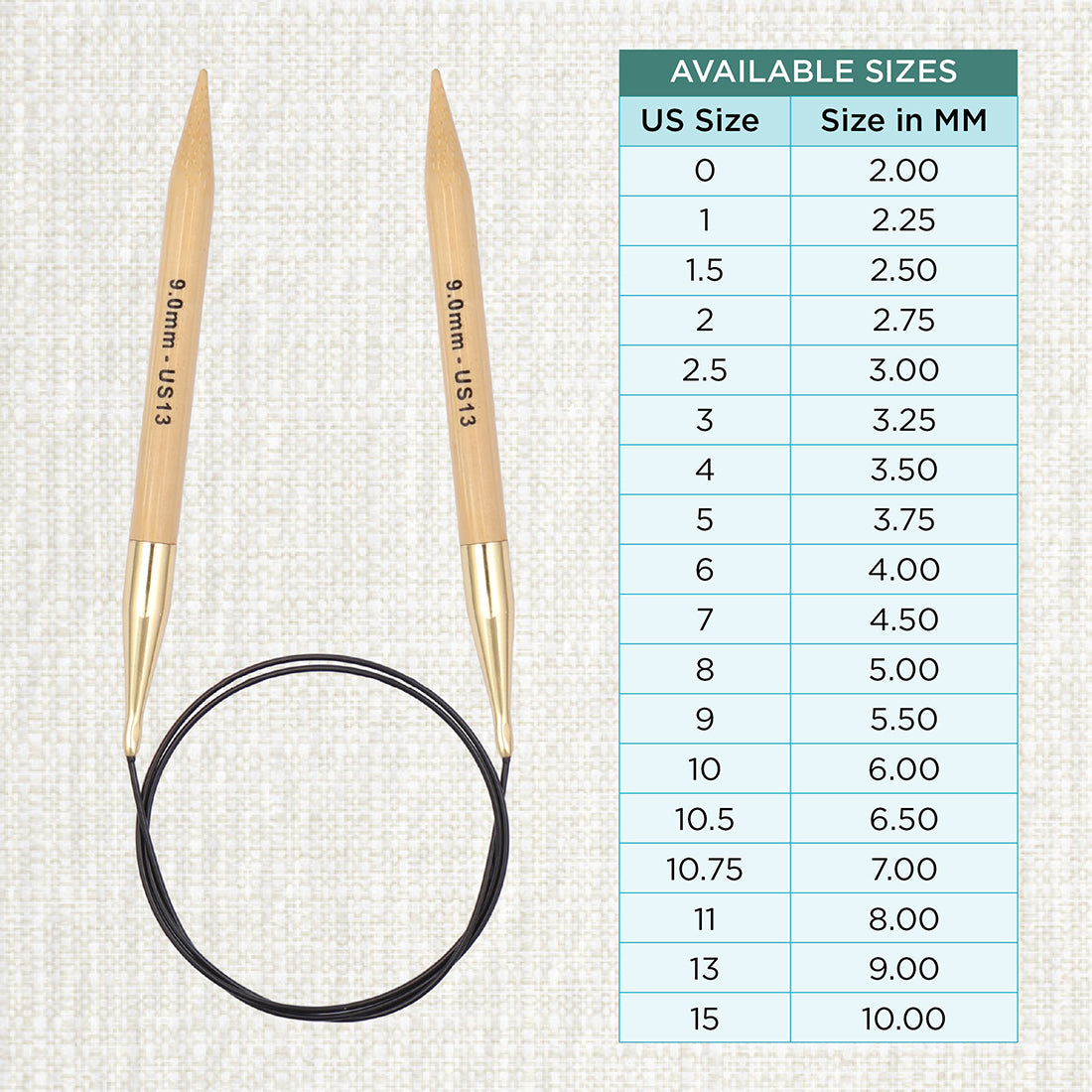 KnitPro bamboo fixed circular knitting needle with black nylon cable, 60cm, 9mm