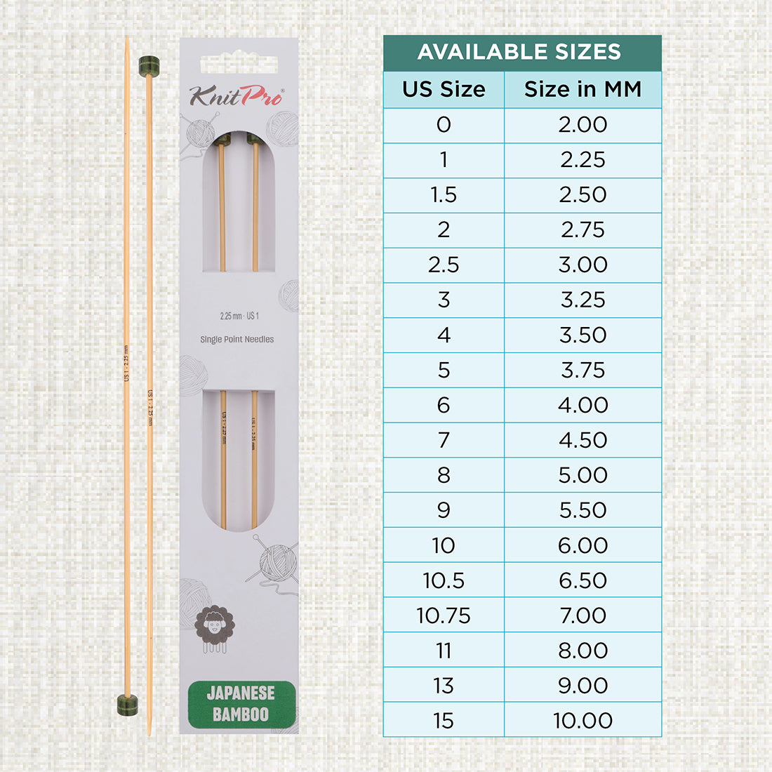 Pair of KnitPro 2.25mm bamboo single pointed knitting needles with green end caps