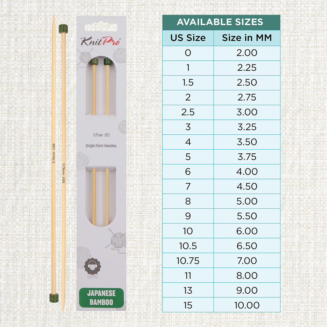 Pair of KnitPro 3.75mm bamboo single pointed knitting needles with green end caps