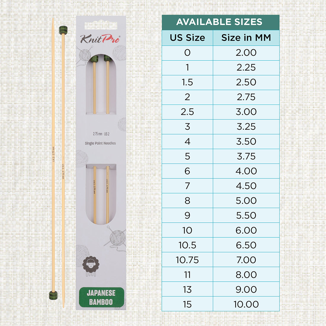 Pair of KnitPro 2.75mm bamboo single pointed knitting needles with green end caps