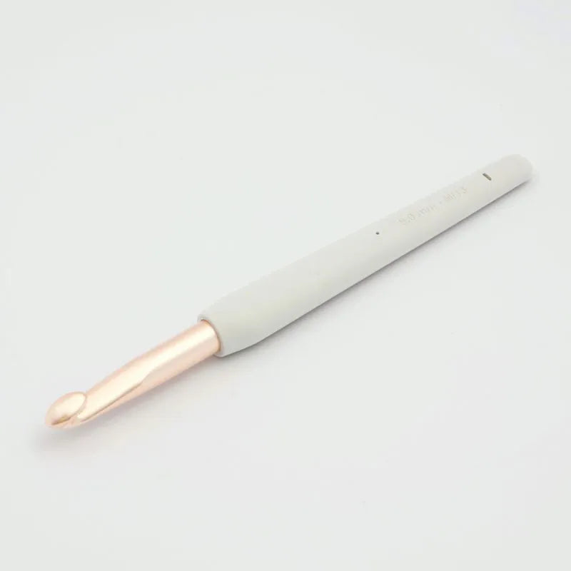 KnitPro Vybe 9mm crochet hook with stone handle and rose-gold hook