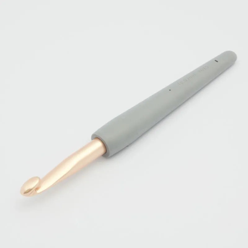 KnitPro Vybe 10mm crochet hook with slate handle and rose-gold hook