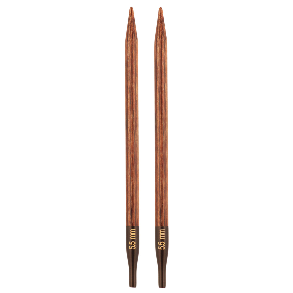 Pair of tinted wooden KnitPro Ginger interchangeable needle tips, 5.5mm