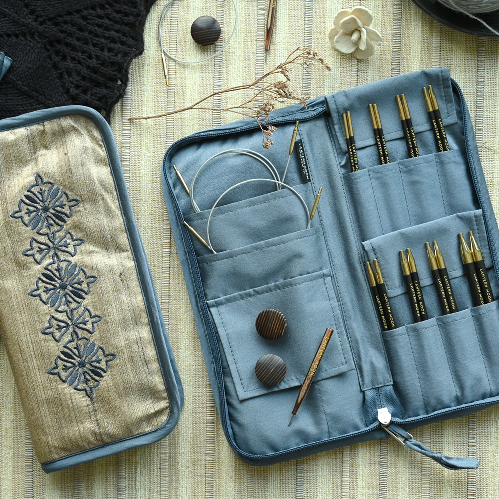 Lantern Moon Glory interchangeable knitting needle set in an embroidered silk case