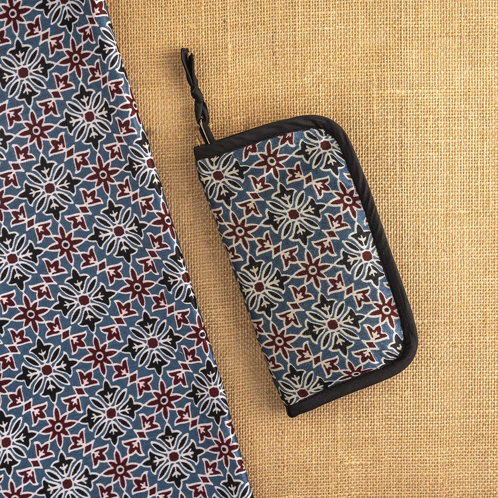 Zipped block-printed accessories case in Ajrak fabric