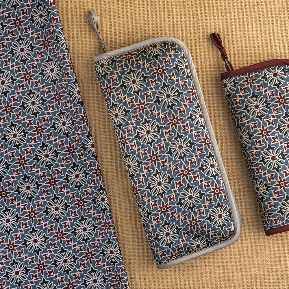 Zipped block-printed circular needle case in Ajrak fabric