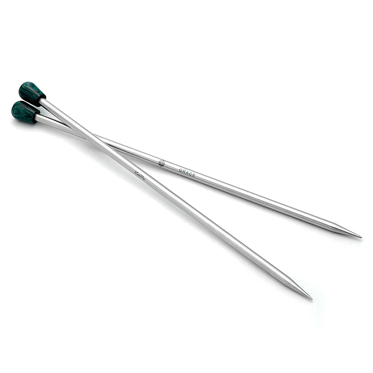 Pair of KnitPro Mindful stainless steel straight knitting needles with teal wooden ends, 12mm