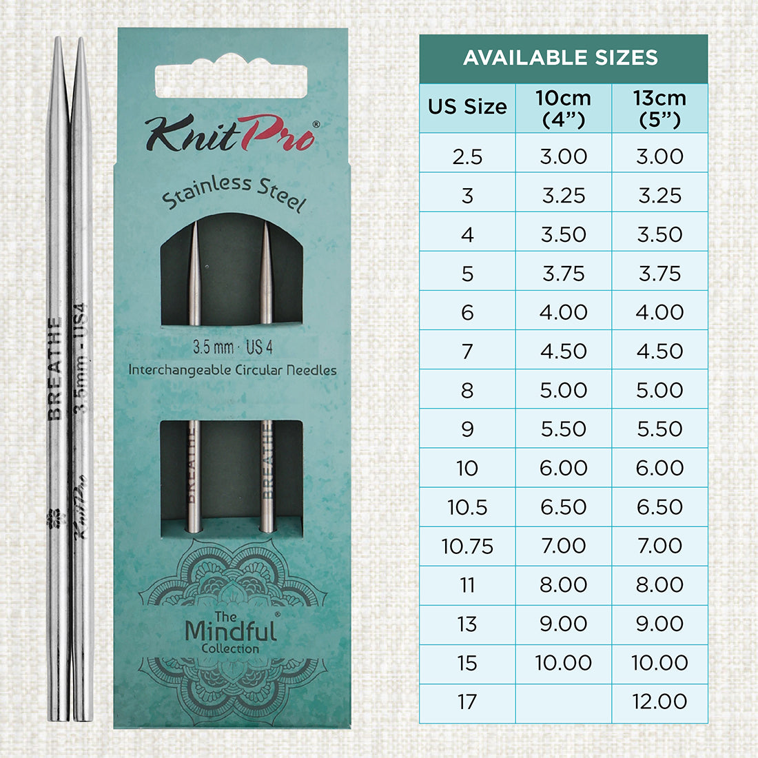Pair of KnitPro Mindful stainless steel lace interchangeable needle tips, 3.5mm