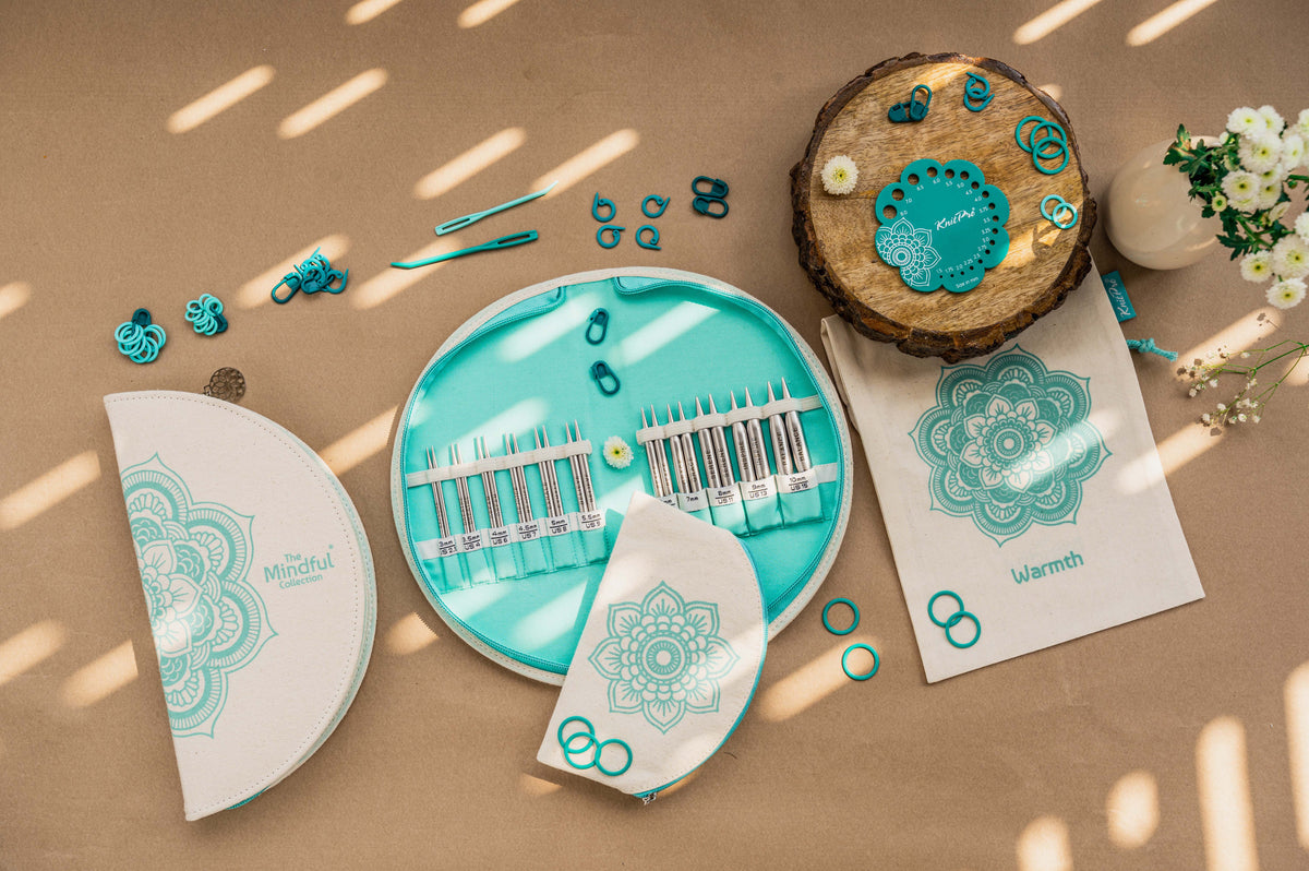 KnitPro Mindful Gratitude interchangeable needle set in a round fabric case with mandala design