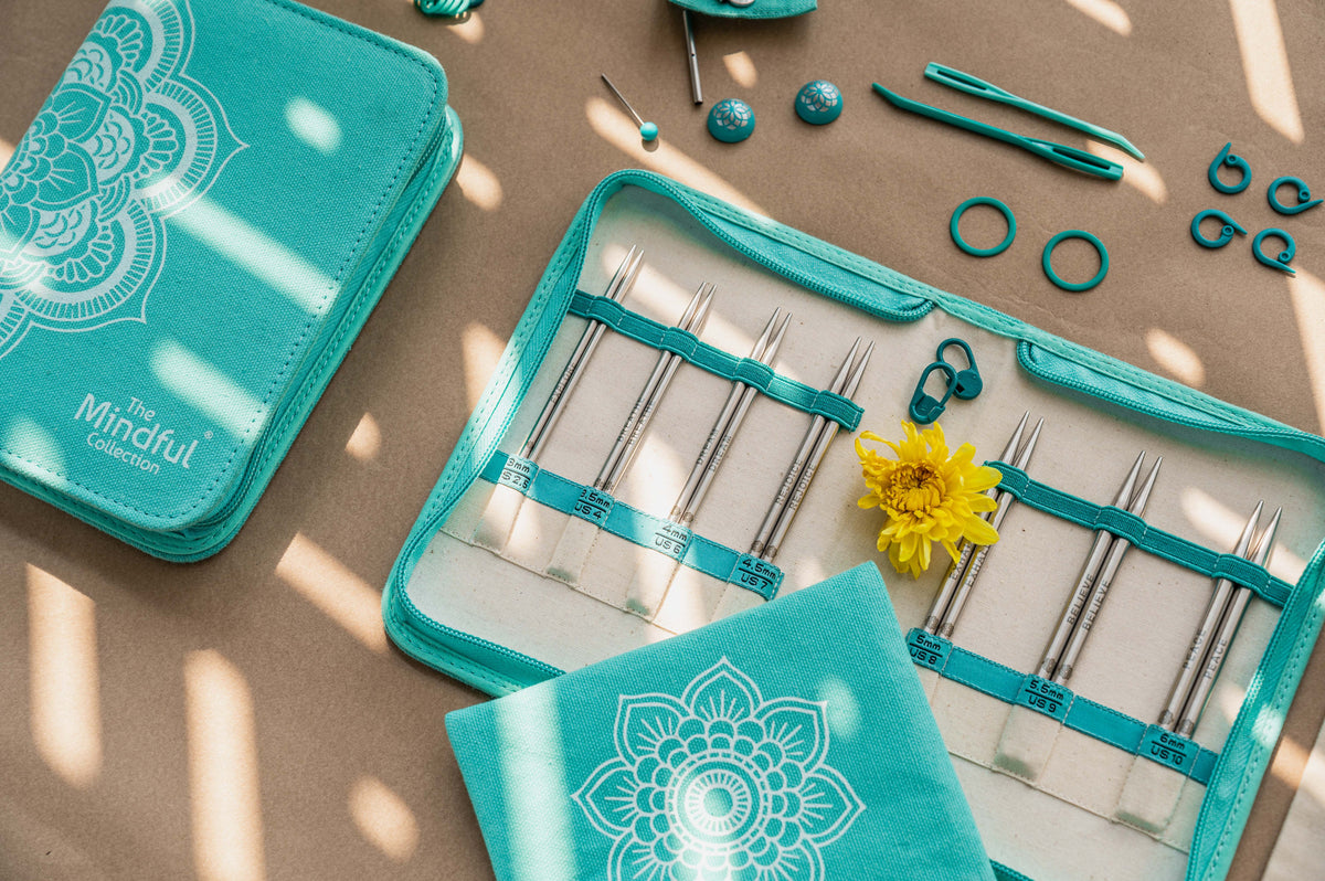 KnitPro Mindful Believe interchangeable needle set in a rectangular fabric case with mandala design