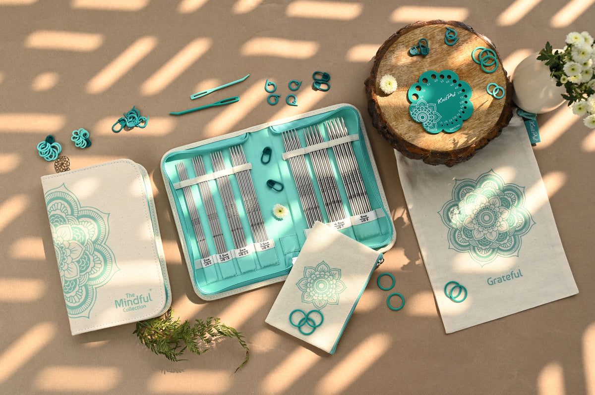 KnitPro Mindful Explore fixed circular needle set in a triangular mandala fabric case