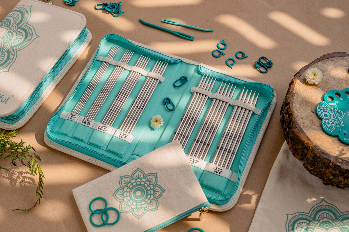 KnitPro Mindful Grateful double pointed needle set in a rectangular mandala fabric case