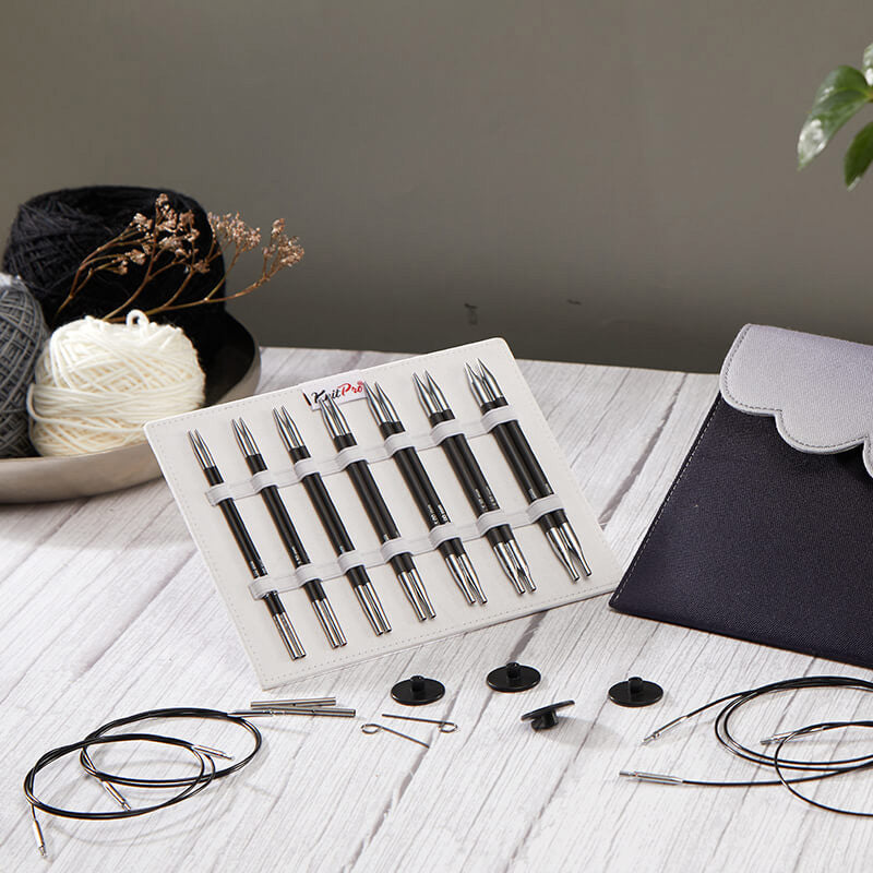 KnitPro Karbonz interchangeable circular knitting needle set in a grey fabric case